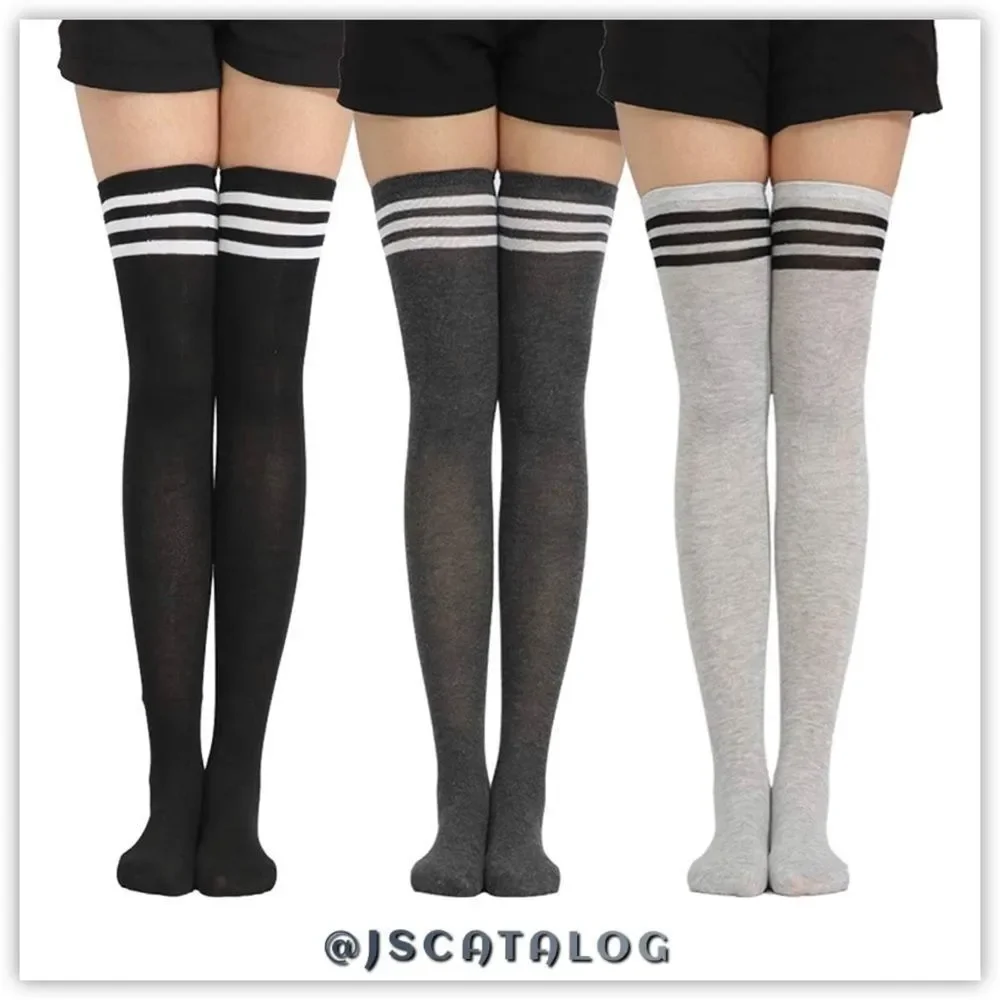 Charcoal w/ White Stripes Cotton Thigh High Socks